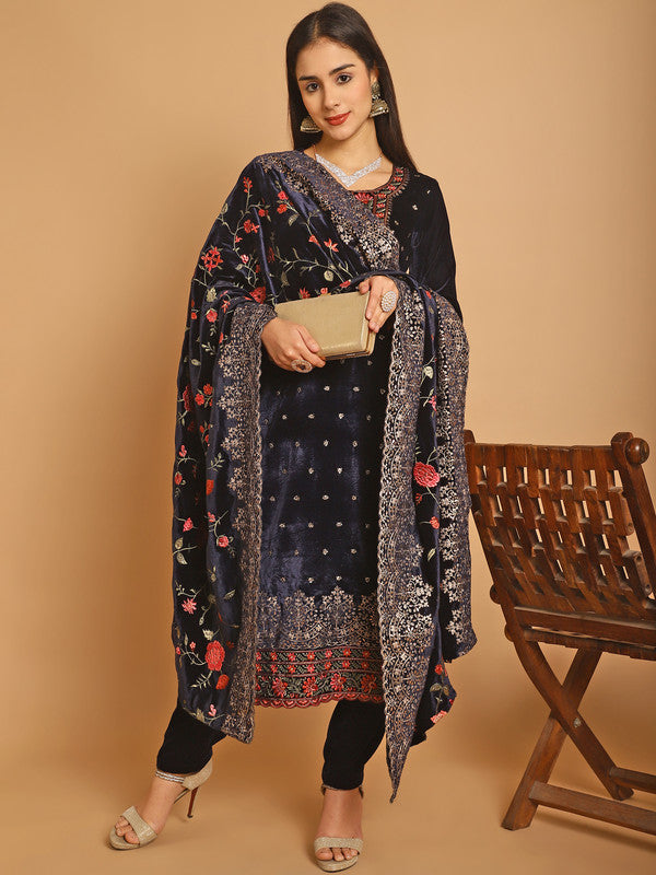 Jyoti Fashion Women's Navy Blue Velvet Floral Resham Thread with Jari & Sequince work Designer Straight Suit Set | Grocsy