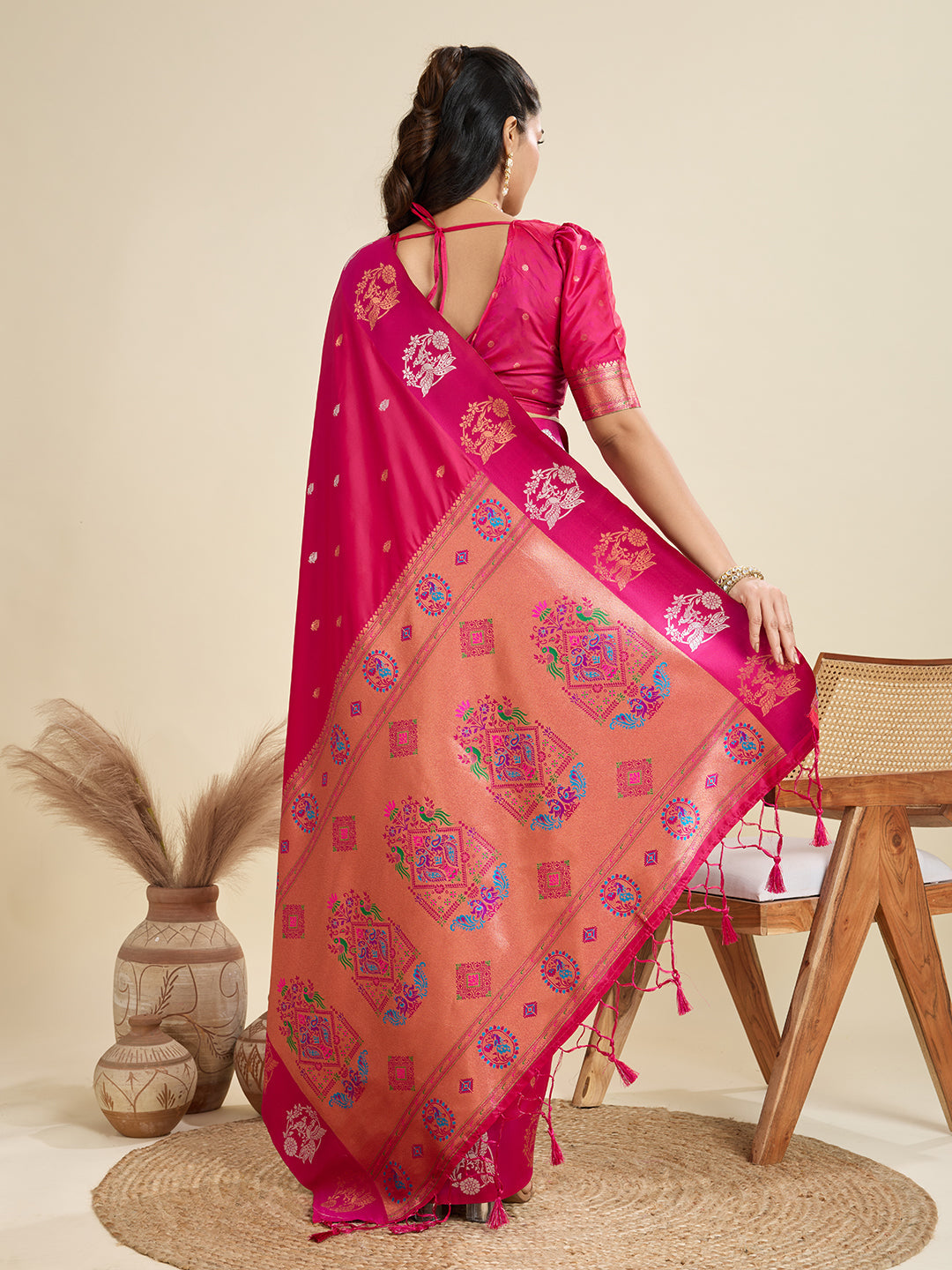 Jyoti Fashion Women's Rani Pink Soft Kanjivaram Paithani Silk Zari Woven Designer Saree with Blouse | Grocsy