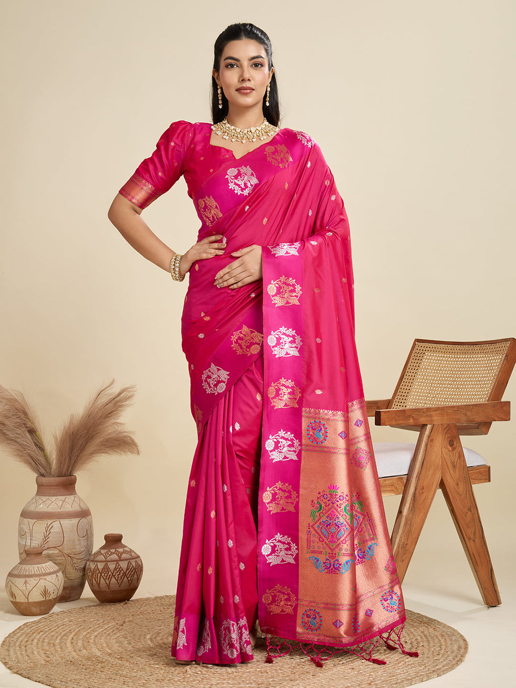 Jyoti Fashion Women's Rani Pink Soft Kanjivaram Paithani Silk Zari Woven Designer Saree with Blouse | Grocsy