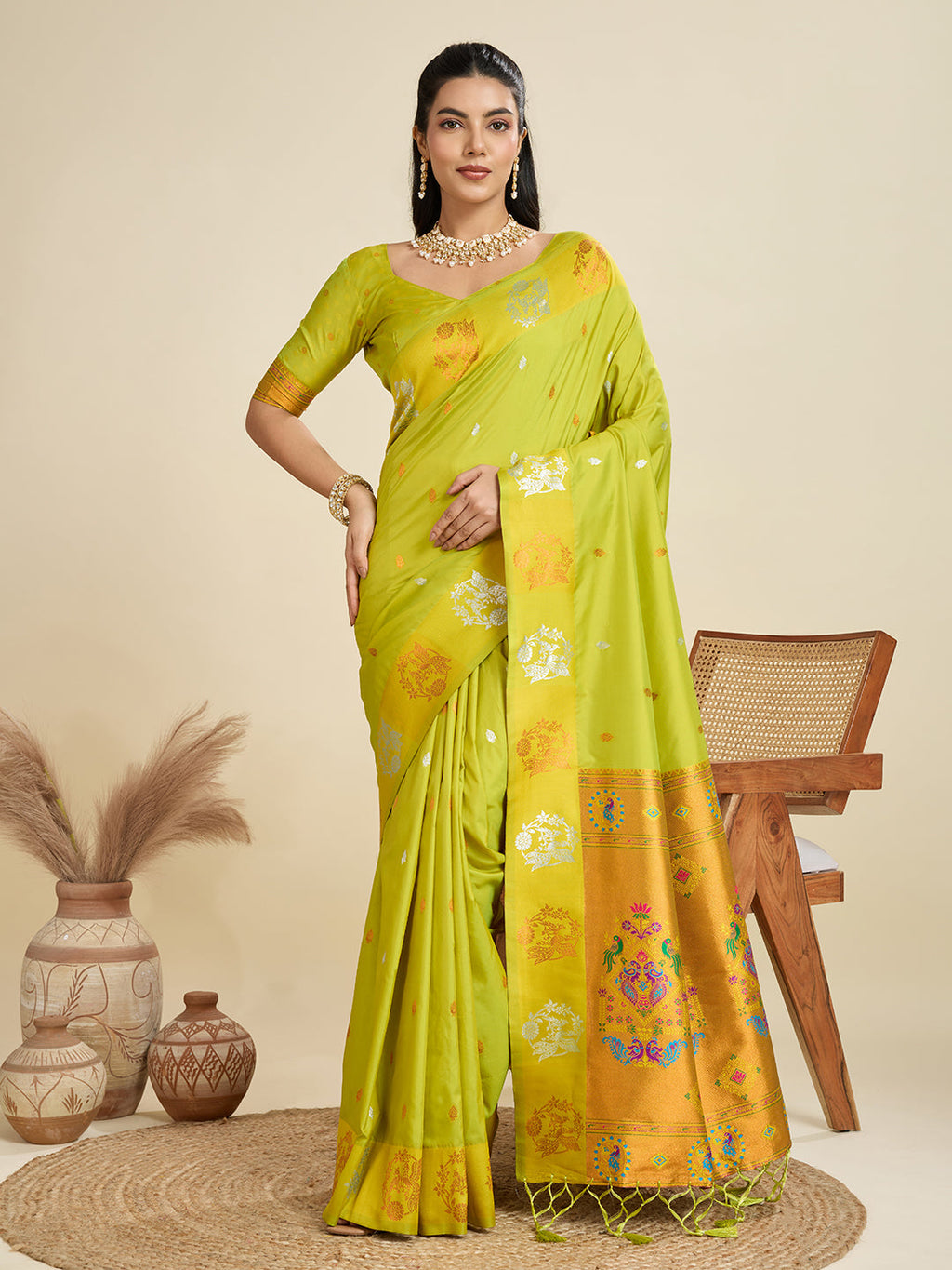 Jyoti Fashion Women's Mehendi Soft Kanjivaram Paithani Silk Zari Woven Designer Saree with Blouse | Grocsy