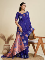Jyoti Fashion Women's Blue Soft Kanjivaram Paithani Silk Zari Woven Designer Saree with Blouse | Grocsy