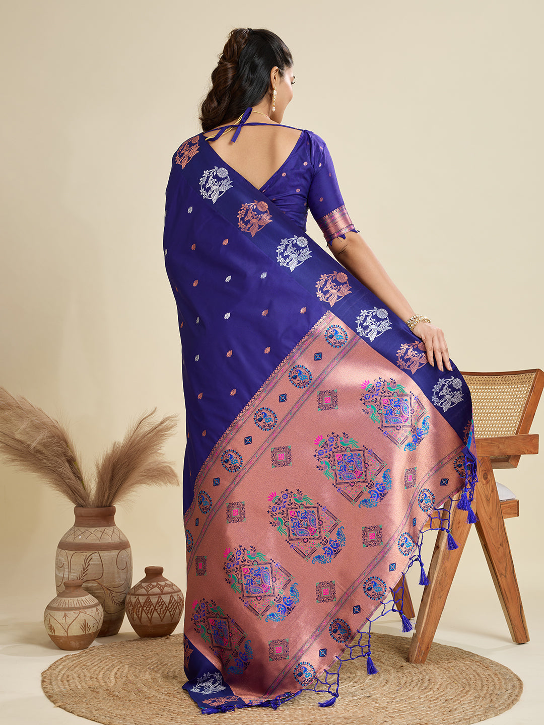 Jyoti Fashion Women's Blue Soft Kanjivaram Paithani Silk Zari Woven Designer Saree with Blouse | Grocsy