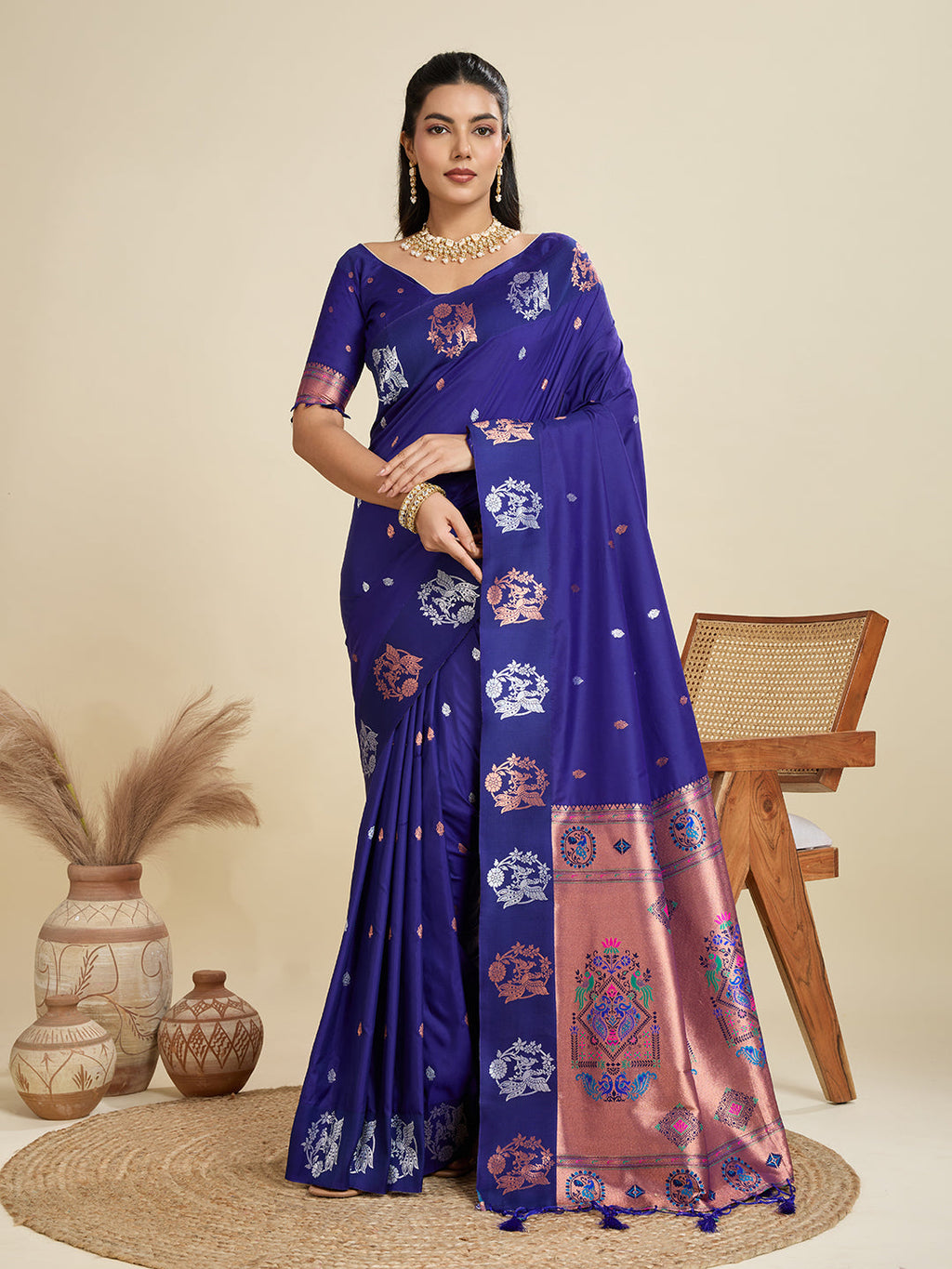 Jyoti Fashion Women's Blue Soft Kanjivaram Paithani Silk Zari Woven Designer Saree with Blouse | Grocsy