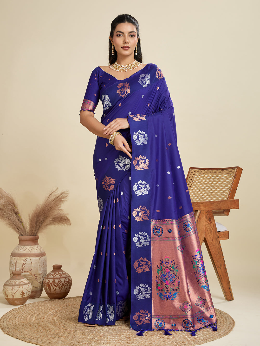 Jyoti Fashion Women's Blue Soft Kanjivaram Paithani Silk Zari Woven Designer Saree with Blouse | Grocsy