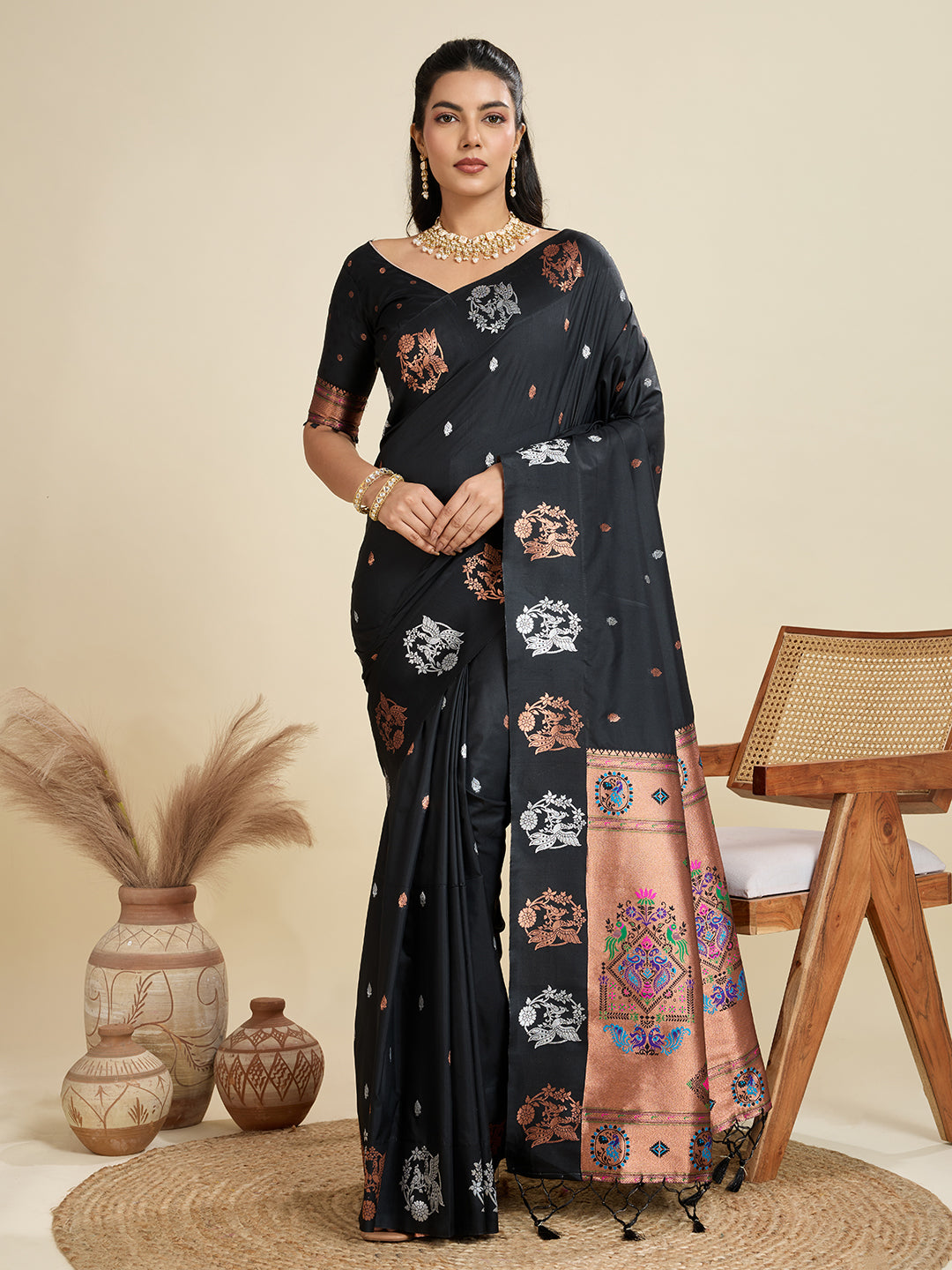 Jyoti Fashion Women's Black Soft Kanjivaram Paithani Silk Zari Woven Designer Saree with Blouse | Grocsy