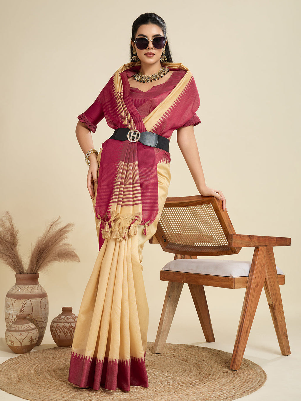 Jyoti Fashion Women's Cream Khadi Raw Silk Temple Woven Border Designer Saree with Blouse | Grocsy