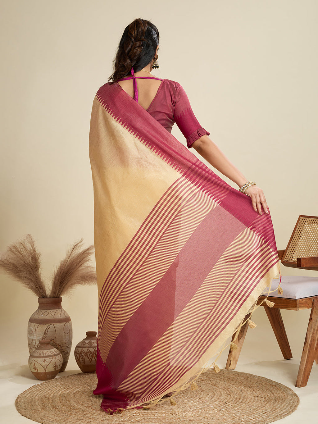 Jyoti Fashion Women's Cream Khadi Raw Silk Temple Woven Border Designer Saree with Blouse | Grocsy