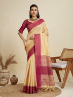 Jyoti Fashion Women's Cream Khadi Raw Silk Temple Woven Border Designer Saree with Blouse | Grocsy
