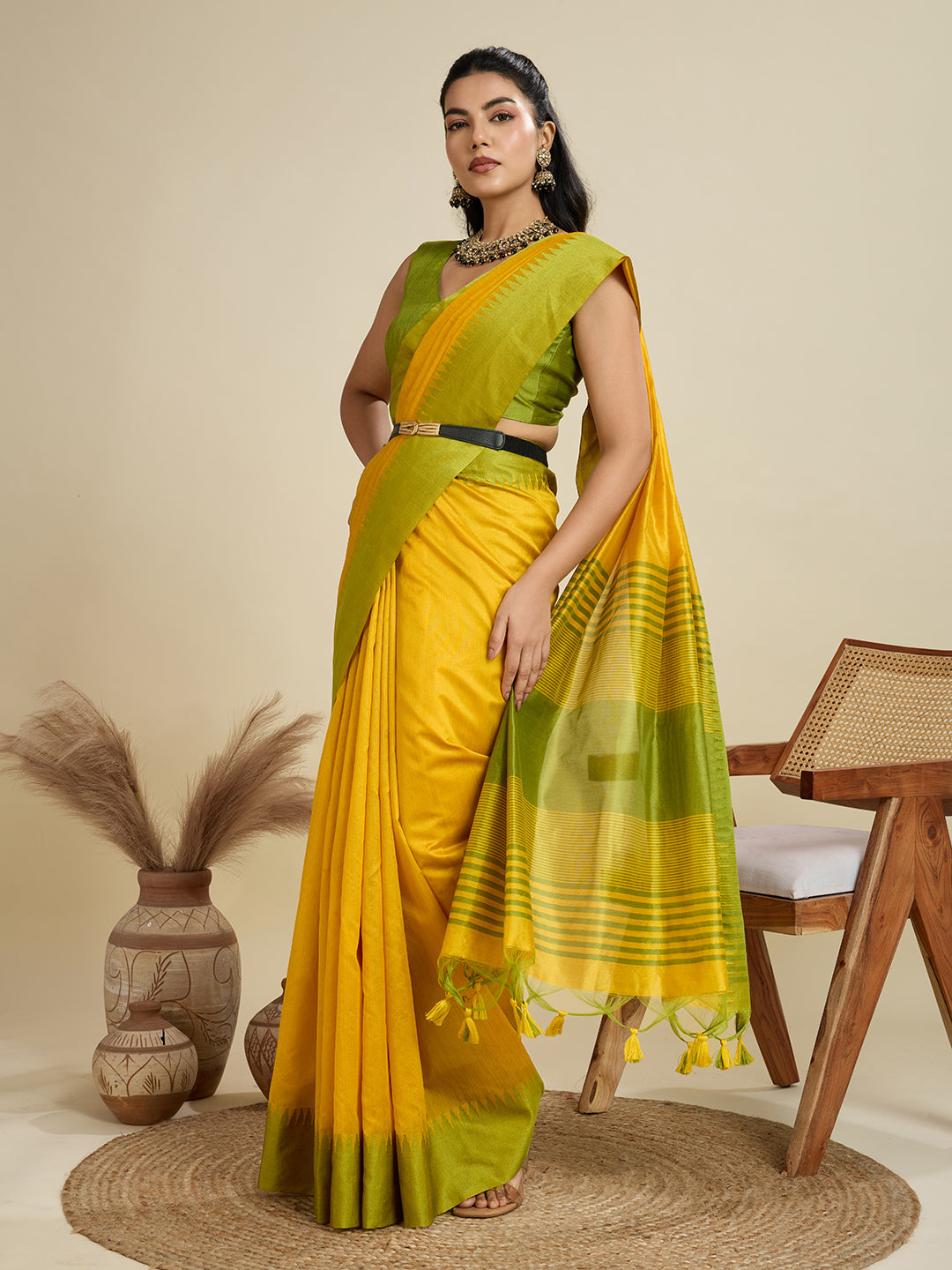 Jyoti Fashion Women's Yellow Khadi Raw Silk Temple Woven Border Designer Saree with Blouse | Grocsy