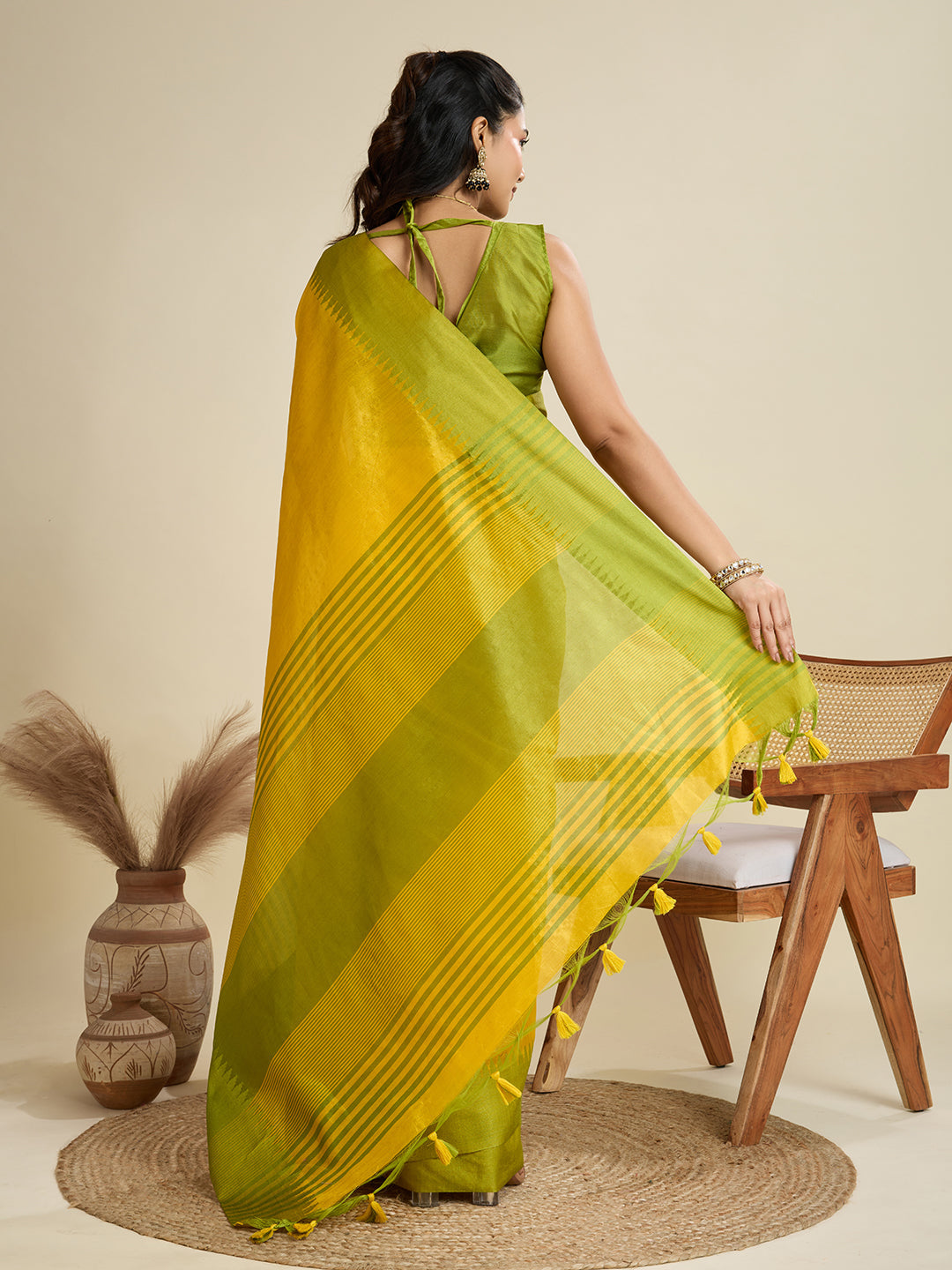 Jyoti Fashion Women's Yellow Khadi Raw Silk Temple Woven Border Designer Saree with Blouse | Grocsy