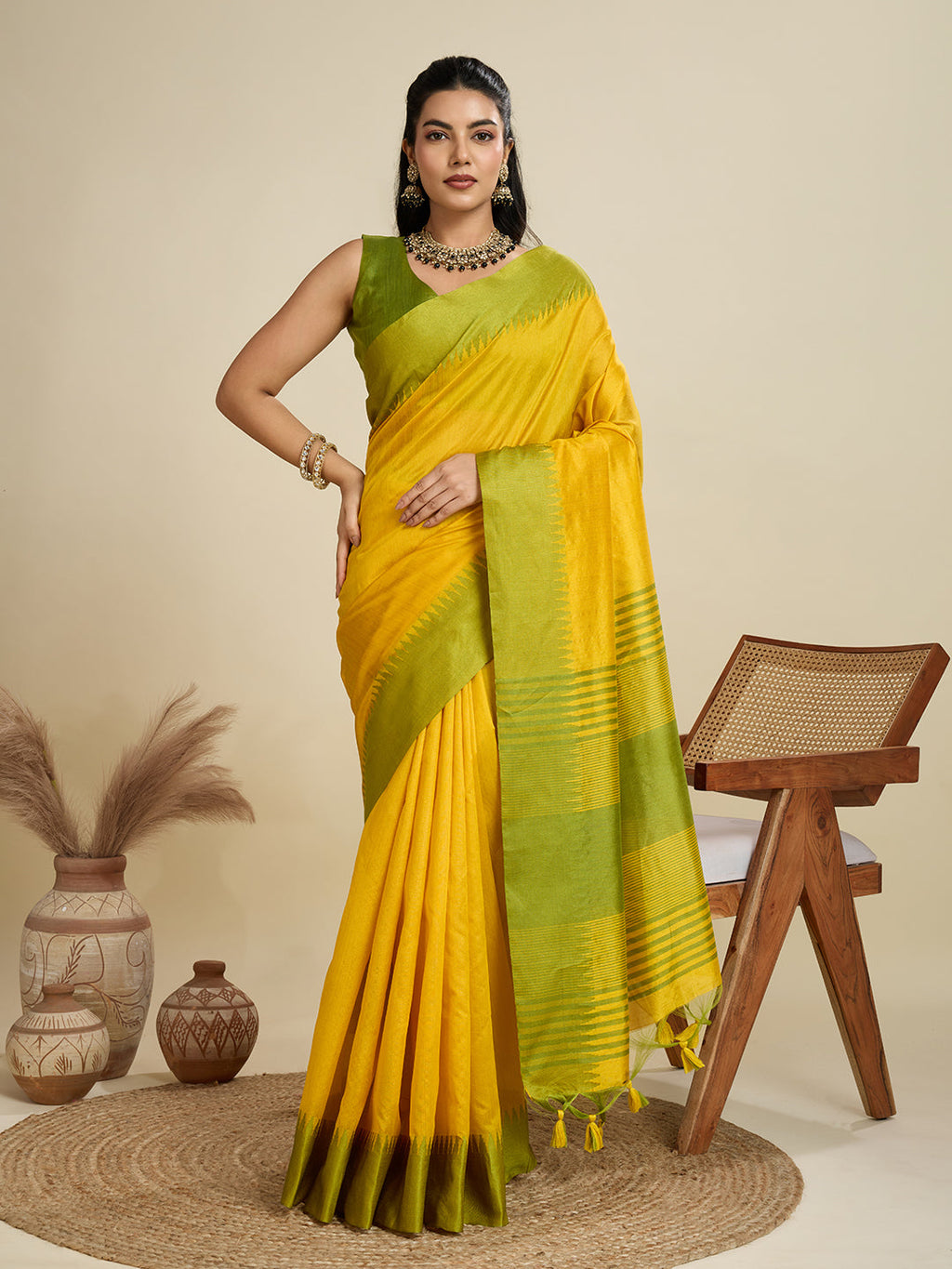 Jyoti Fashion Women's Yellow Khadi Raw Silk Temple Woven Border Designer Saree with Blouse | Grocsy