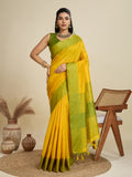Jyoti Fashion Women's Yellow Khadi Raw Silk Temple Woven Border Designer Saree with Blouse | Grocsy