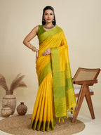 Jyoti Fashion Women's Yellow Khadi Raw Silk Temple Woven Border Designer Saree with Blouse | Grocsy
