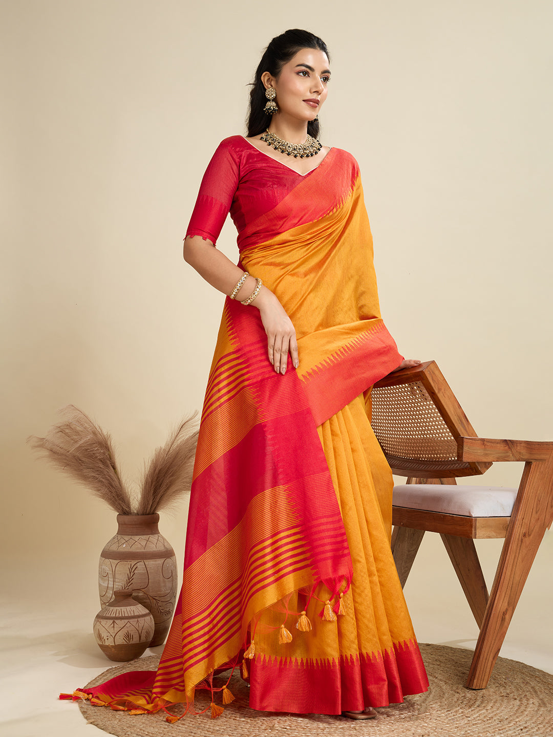 Jyoti Fashion Women's Mustard Khadi Raw Silk Temple Woven Border Designer Saree with Blouse | Grocsy