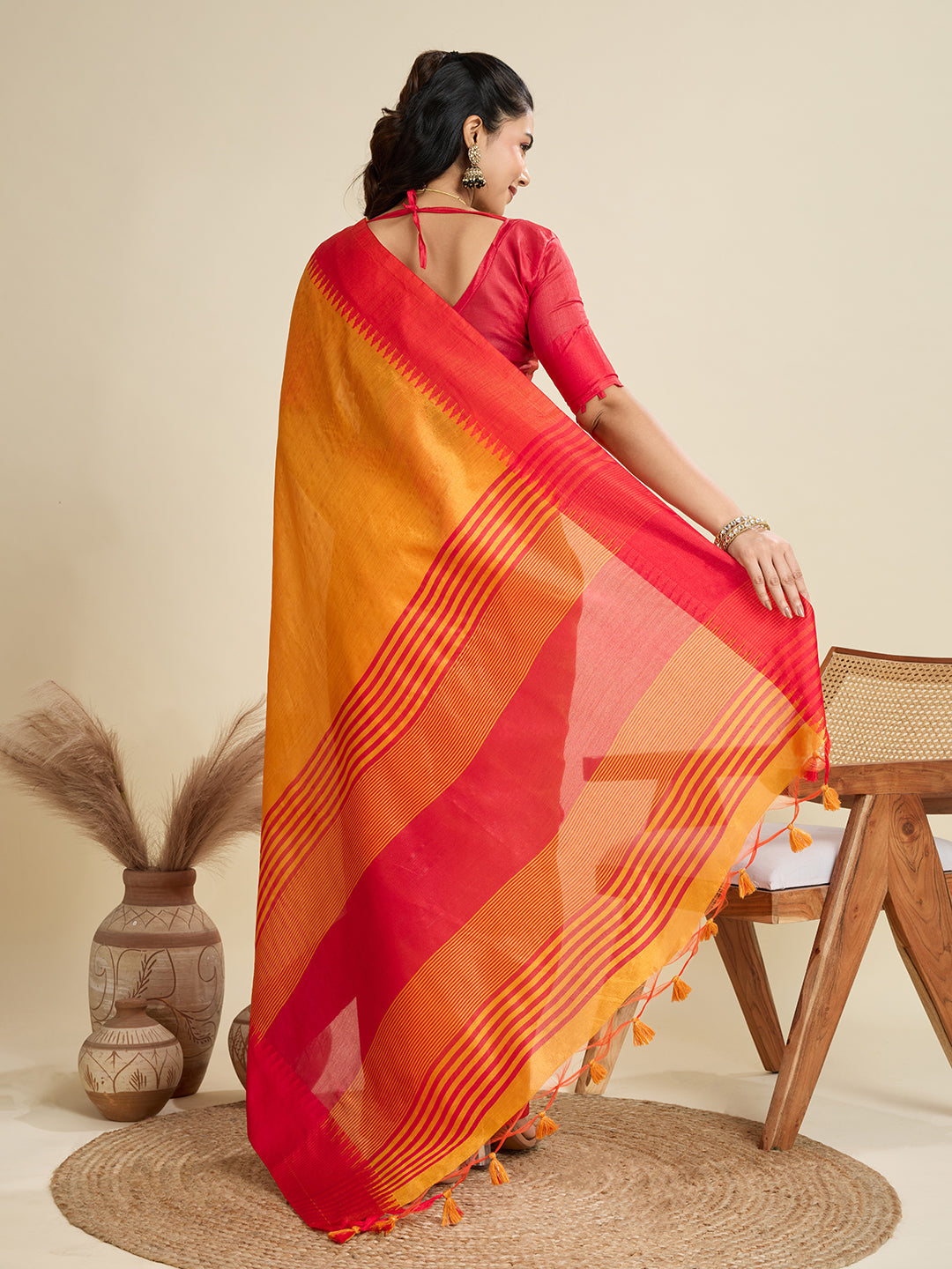 Jyoti Fashion Women's Mustard Khadi Raw Silk Temple Woven Border Designer Saree with Blouse | Grocsy