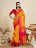 Jyoti Fashion Women's Mustard Khadi Raw Silk Temple Woven Border Designer Saree with Blouse | Grocsy