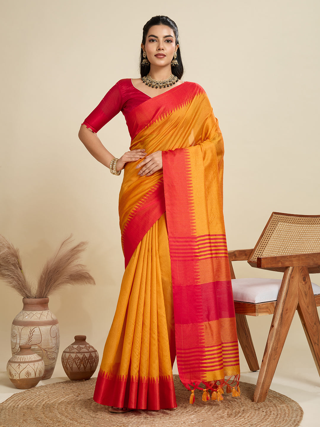 Jyoti Fashion Women's Mustard Khadi Raw Silk Temple Woven Border Designer Saree with Blouse | Grocsy