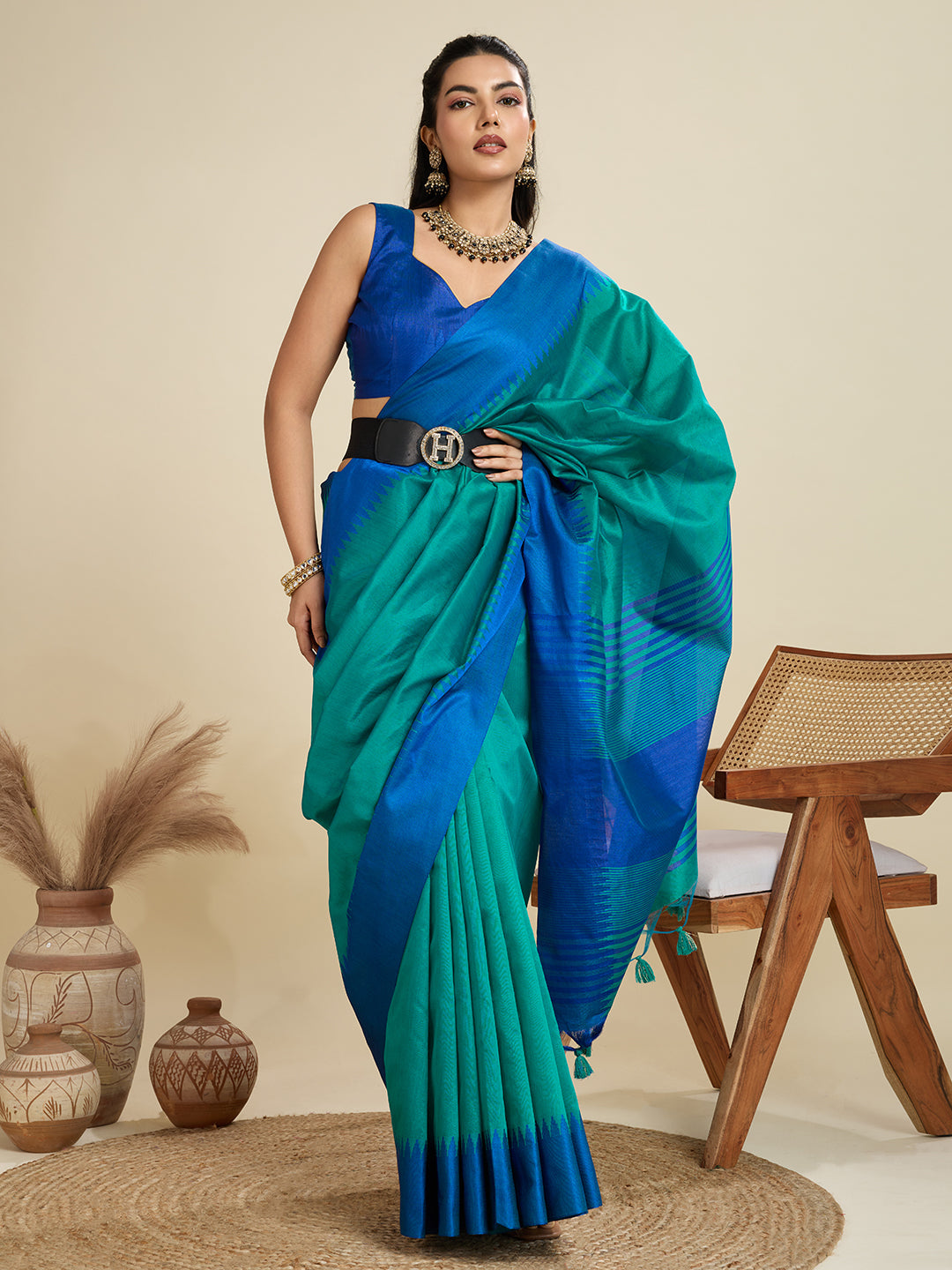 Jyoti Fashion Women's Rama Khadi Raw Silk Temple Woven Border Designer Saree with Blouse | Grocsy