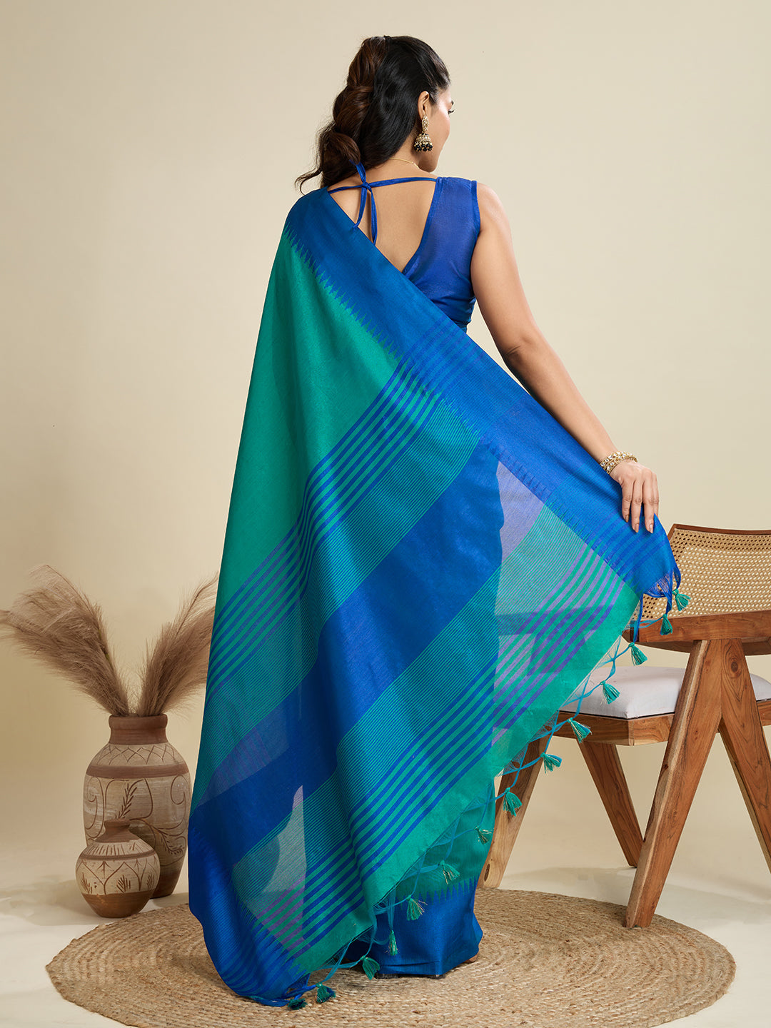 Jyoti Fashion Women's Rama Khadi Raw Silk Temple Woven Border Designer Saree with Blouse | Grocsy
