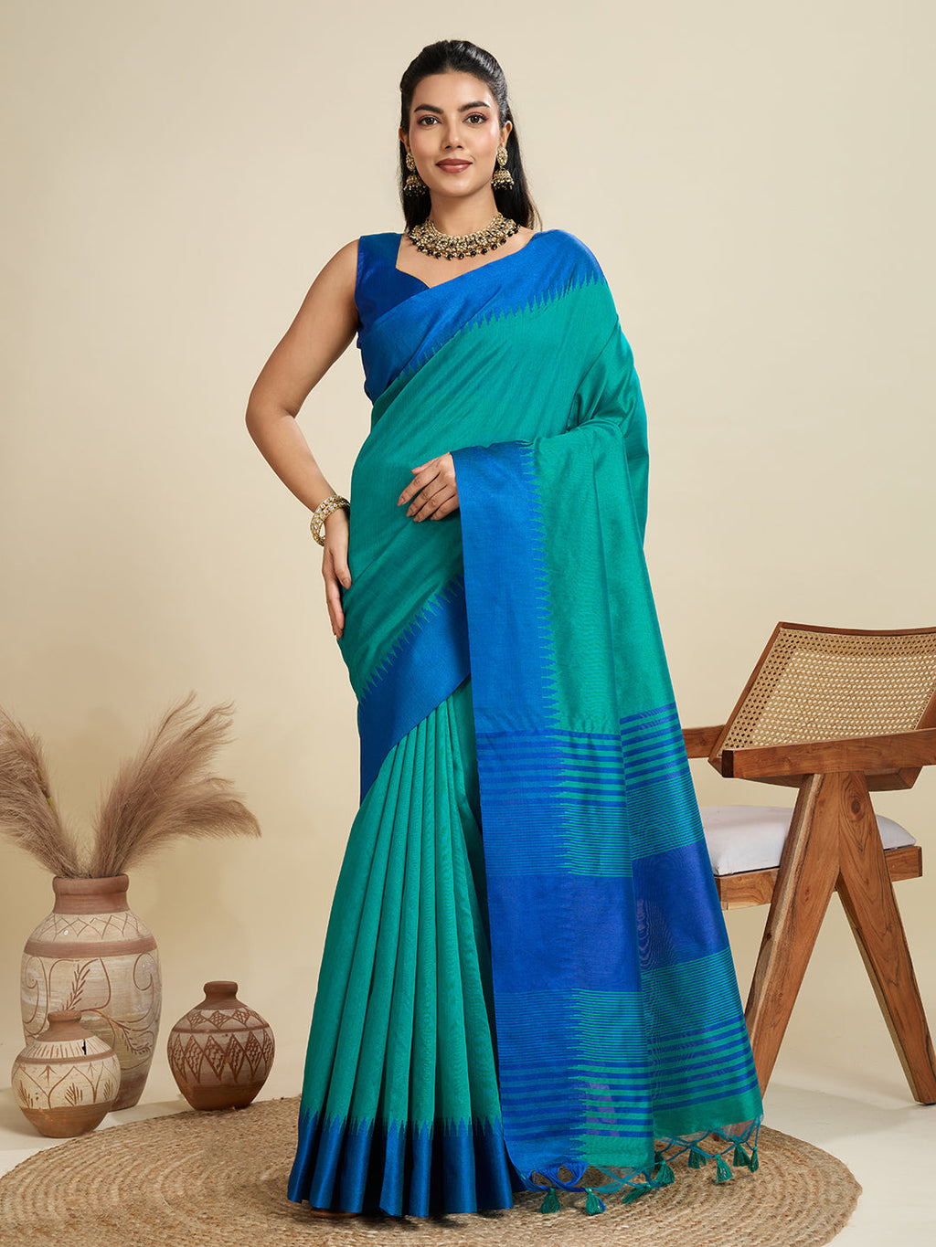 Jyoti Fashion Women's Rama Khadi Raw Silk Temple Woven Border Designer Saree with Blouse | Grocsy