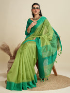 Jyoti Fashion Women's Mehendi Khadi Raw Silk Temple Woven Border Designer Saree with Blouse | Grocsy