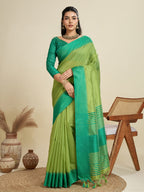 Jyoti Fashion Women's Mehendi Khadi Raw Silk Temple Woven Border Designer Saree with Blouse | Grocsy