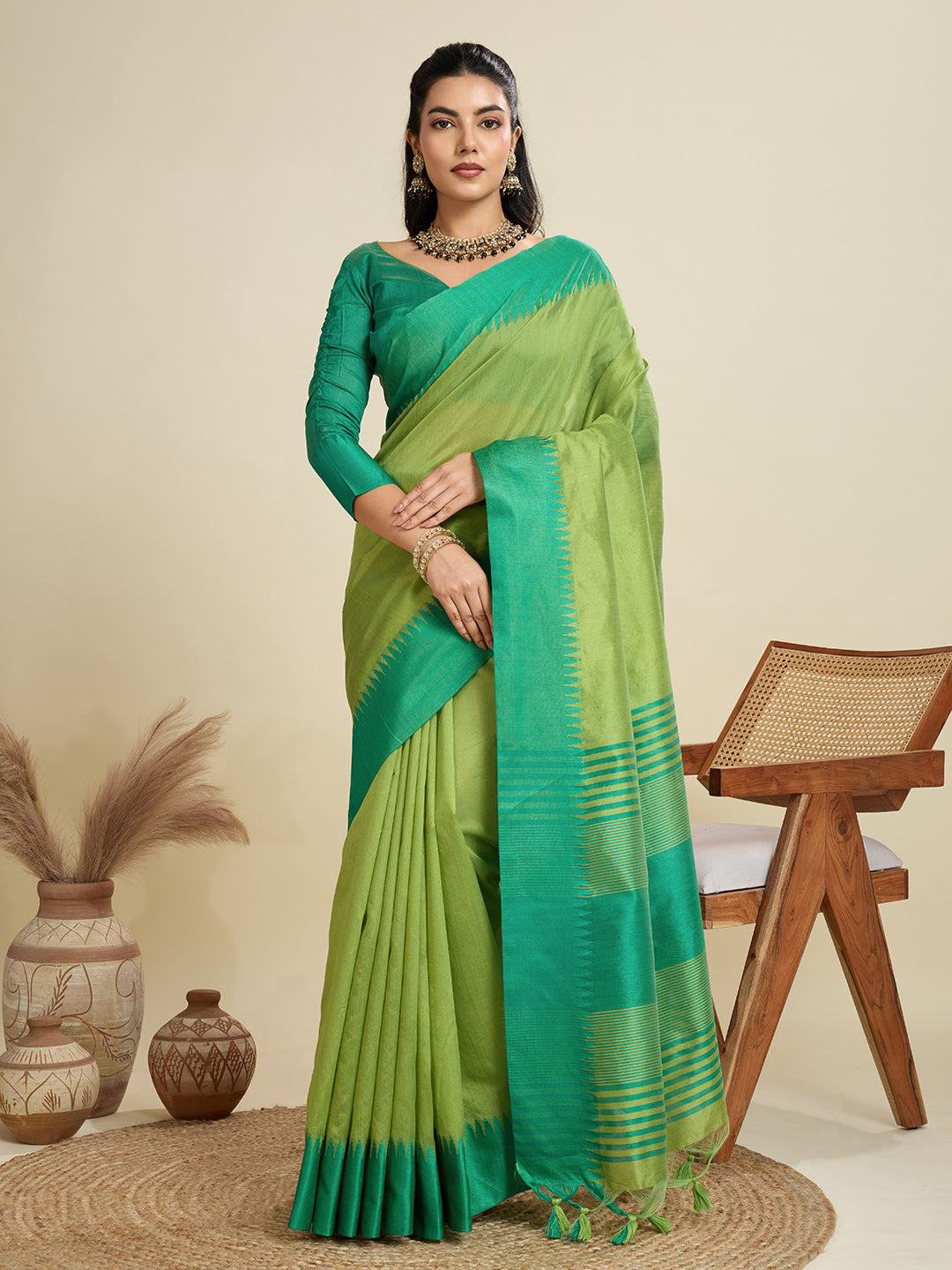 Jyoti Fashion Women's Mehendi Khadi Raw Silk Temple Woven Border Designer Saree with Blouse | Grocsy