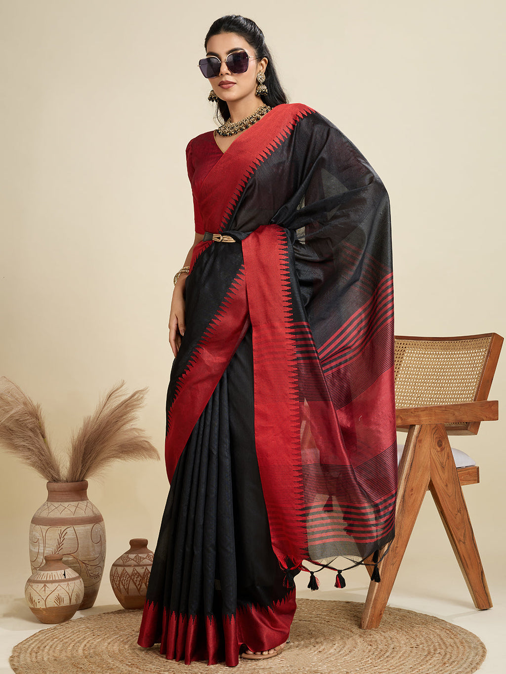 Jyoti Fashion Women's Black Khadi Raw Silk Temple Woven Border Designer Saree with Blouse | Grocsy