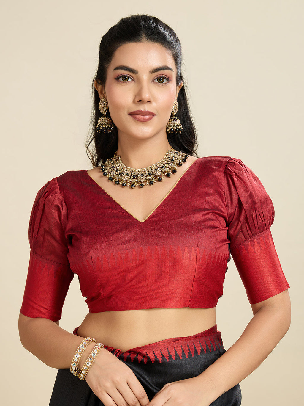 Jyoti Fashion Women's Black Khadi Raw Silk Temple Woven Border Designer Saree with Blouse | Grocsy