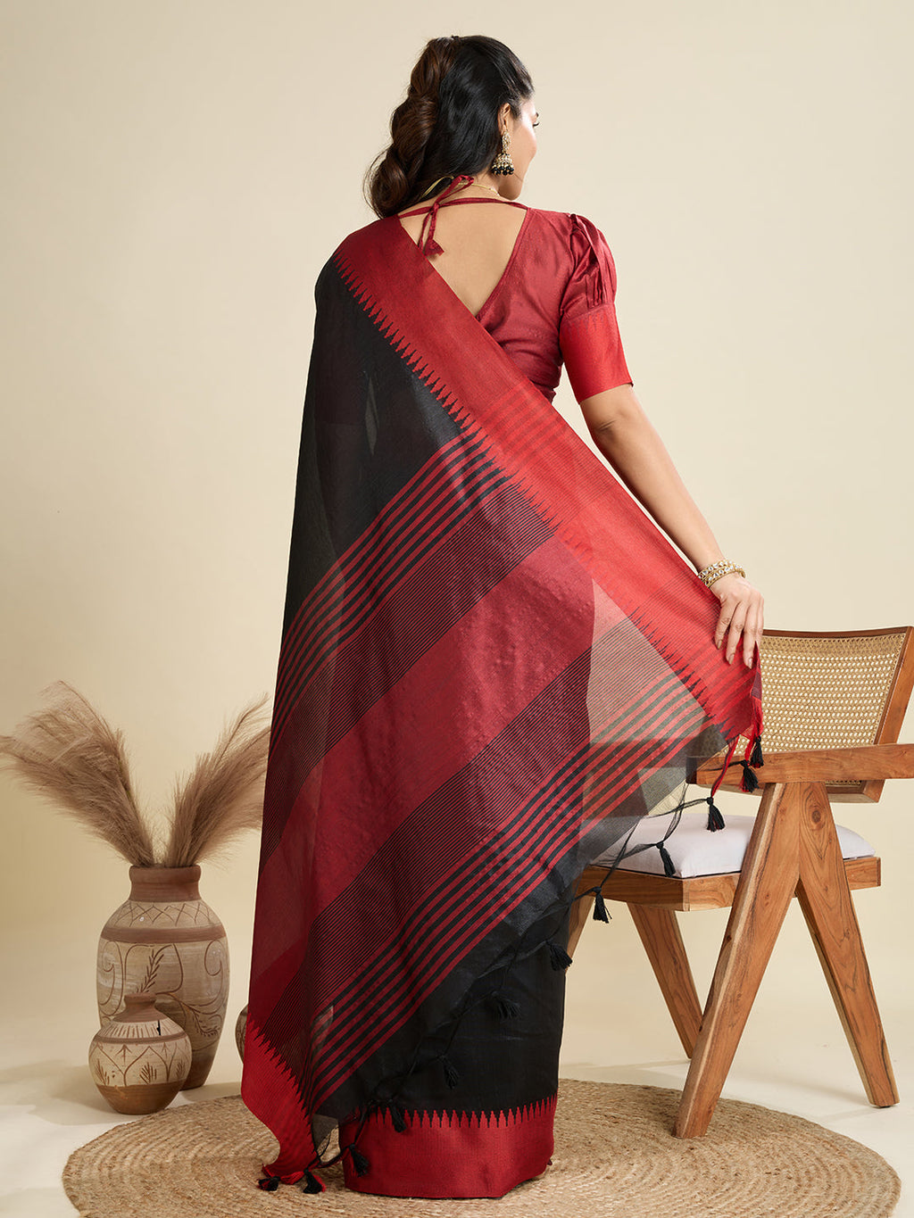 Jyoti Fashion Women's Black Khadi Raw Silk Temple Woven Border Designer Saree with Blouse | Grocsy