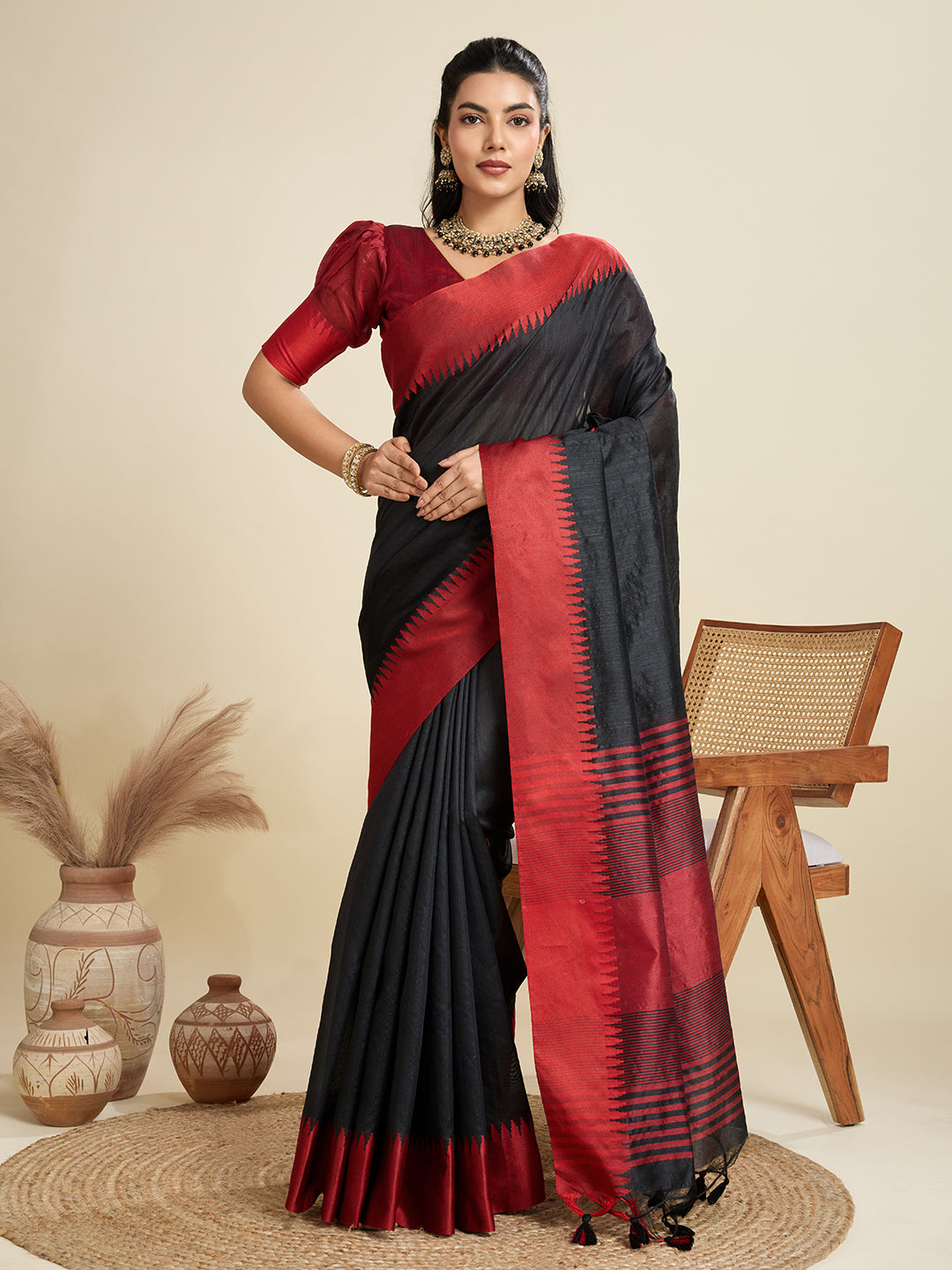 Jyoti Fashion Women's Black Khadi Raw Silk Temple Woven Border Designer Saree with Blouse | Grocsy