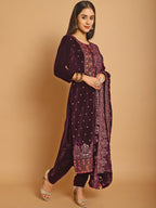 Jyoti Fashion Women's Wine Velvet Floral Resham Thread with Jari & Sequince work Designer Straight Suit Set | Grocsy