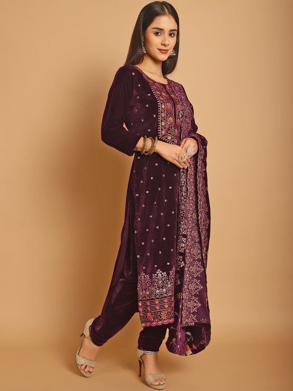 Jyoti Fashion Women's Wine Velvet Floral Resham Thread with Jari & Sequince work Designer Straight Suit Set | Grocsy