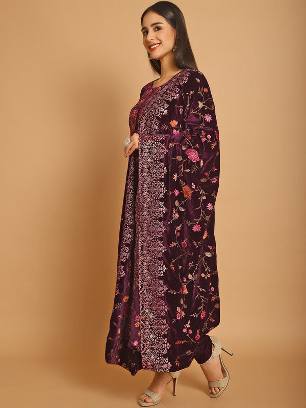 Jyoti Fashion Women's Wine Velvet Floral Resham Thread with Jari & Sequince work Designer Straight Suit Set | Grocsy