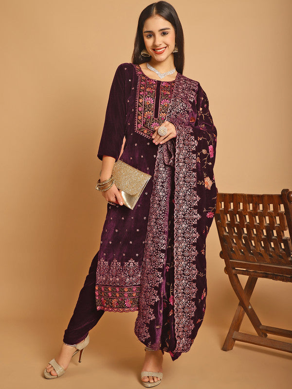 Jyoti Fashion Women's Wine Velvet Floral Resham Thread with Jari & Sequince work Designer Straight Suit Set | Grocsy