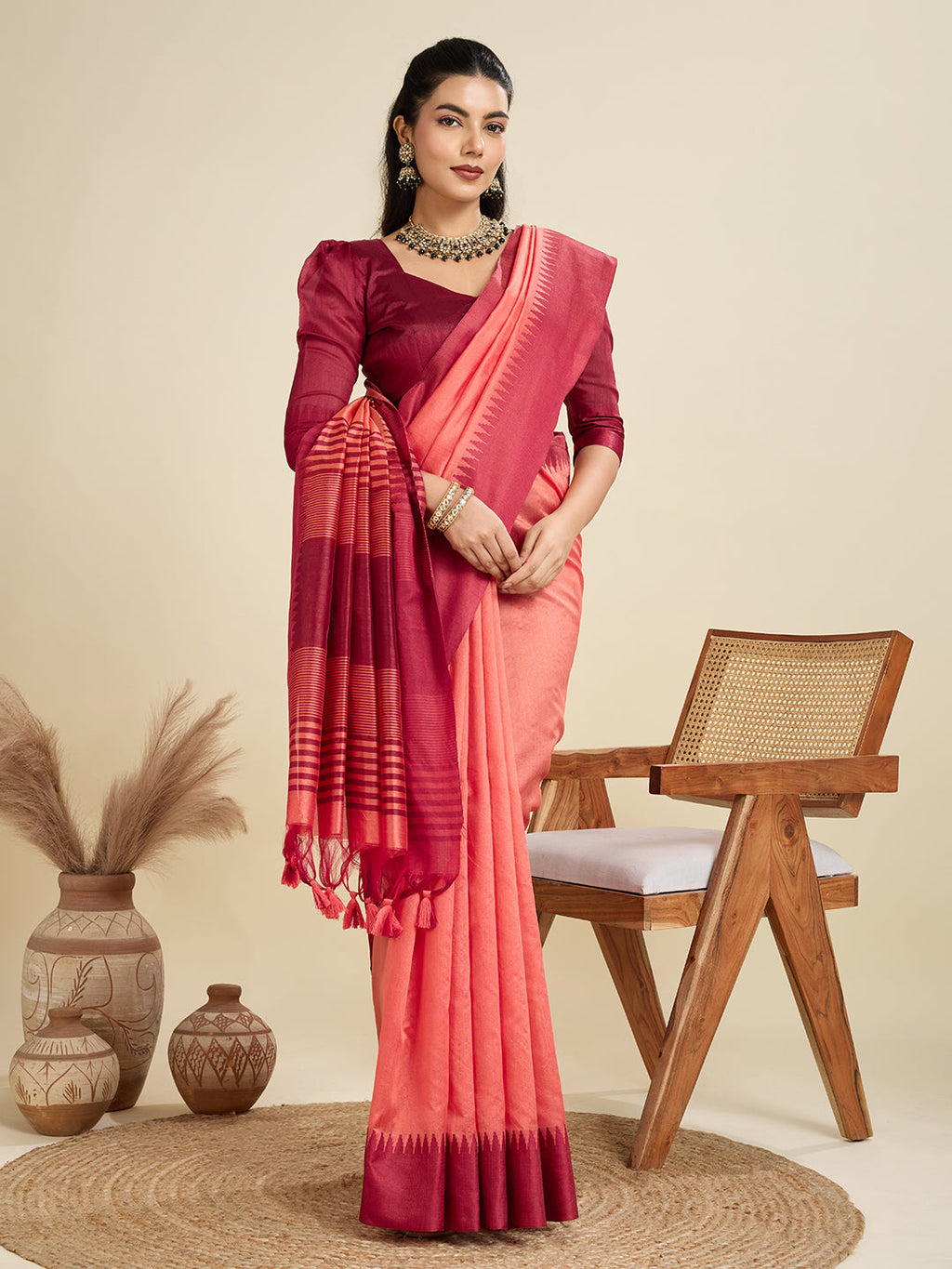 Jyoti Fashion Women's Peach Khadi Raw Silk Temple Woven Border Designer Saree with Blouse | Grocsy