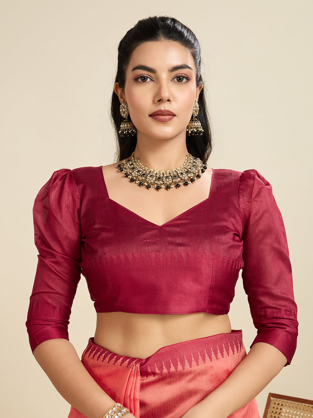 Jyoti Fashion Women's Peach Khadi Raw Silk Temple Woven Border Designer Saree with Blouse | Grocsy