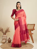 Jyoti Fashion Women's Peach Khadi Raw Silk Temple Woven Border Designer Saree with Blouse | Grocsy