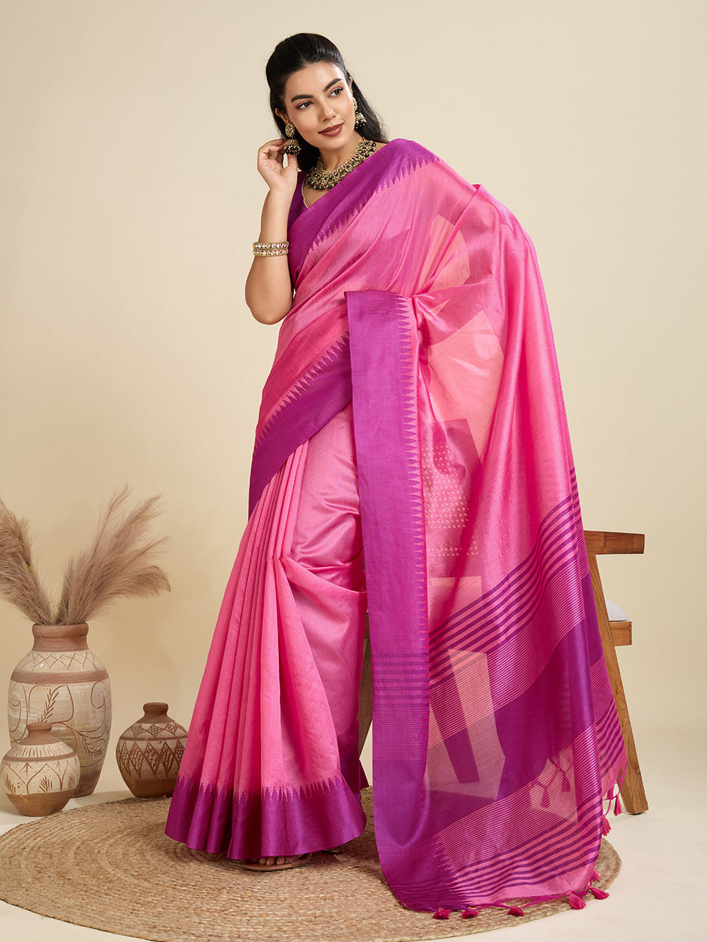 Jyoti Fashion Women's Pink Khadi Raw Silk Temple Woven Border Designer Saree with Blouse | Grocsy