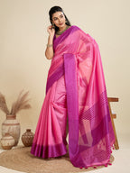 Jyoti Fashion Women's Pink Khadi Raw Silk Temple Woven Border Designer Saree with Blouse | Grocsy