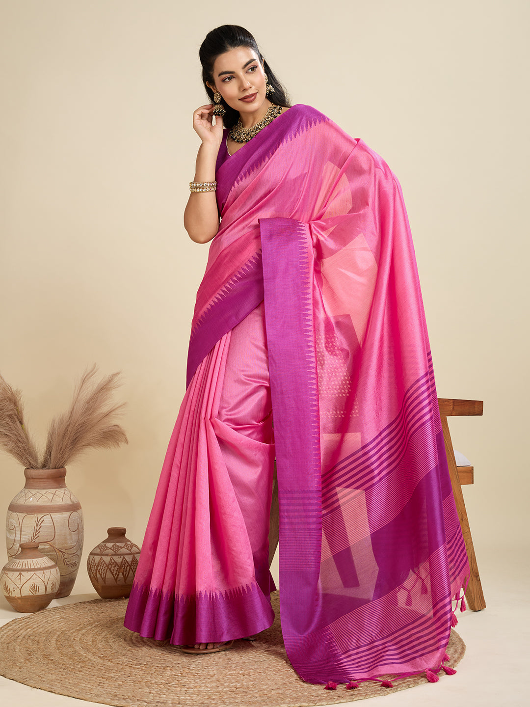 Jyoti Fashion Women's Pink Khadi Raw Silk Temple Woven Border Designer Saree with Blouse | Grocsy