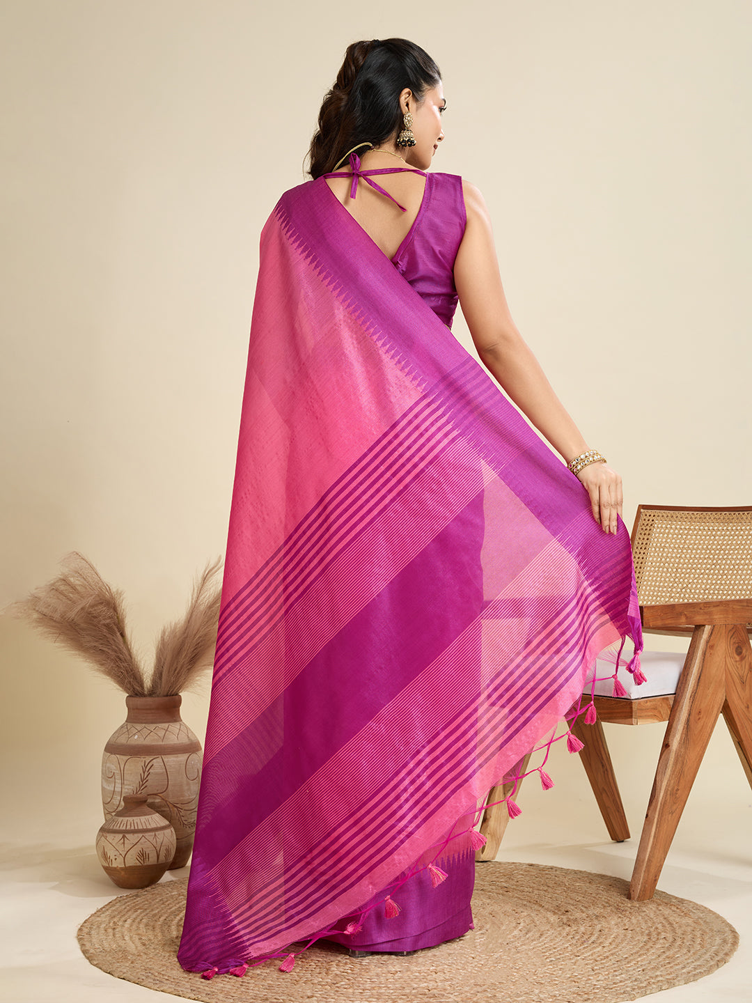 Jyoti Fashion Women's Pink Khadi Raw Silk Temple Woven Border Designer Saree with Blouse | Grocsy