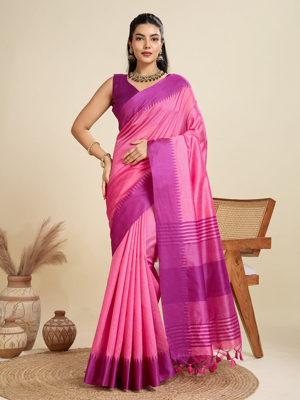 Jyoti Fashion Women's Pink Khadi Raw Silk Temple Woven Border Designer Saree with Blouse | Grocsy