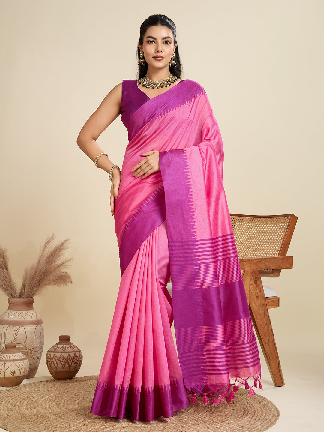 Jyoti Fashion Women's Pink Khadi Raw Silk Temple Woven Border Designer Saree with Blouse | Grocsy
