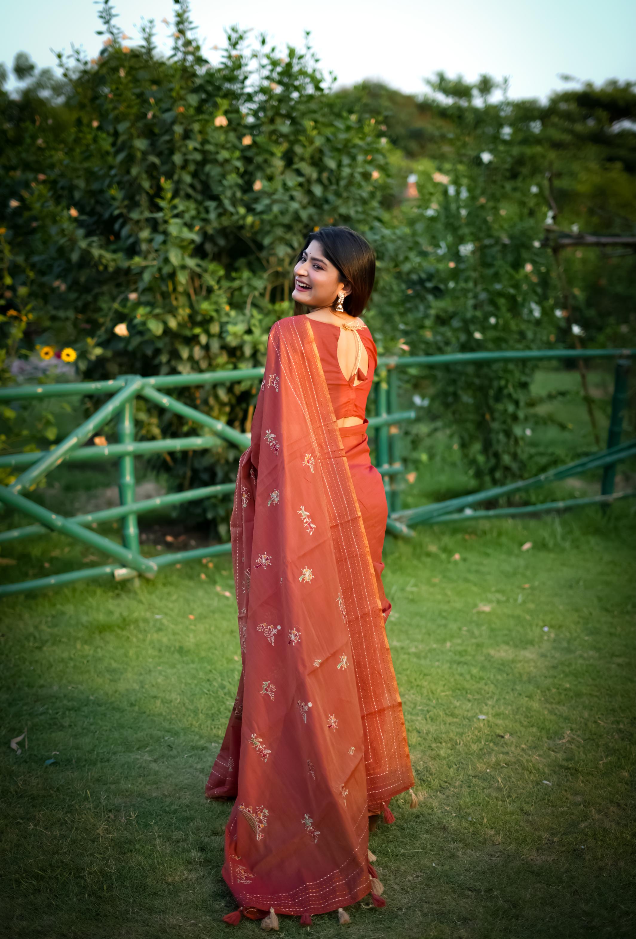Jyoti Fashion Women's Orange Tussar Silk Traditional Thread Work Designer Saree with Blouse | Grocsy