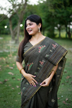 Jyoti Fashion Women's Black Tussar Silk Traditional Thread Work Designer Saree with Blouse | Grocsy