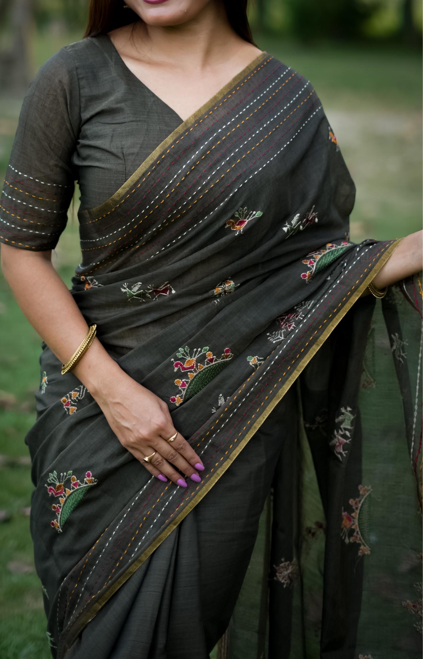 Jyoti Fashion Women's Black Tussar Silk Traditional Thread Work Designer Saree with Blouse | Grocsy