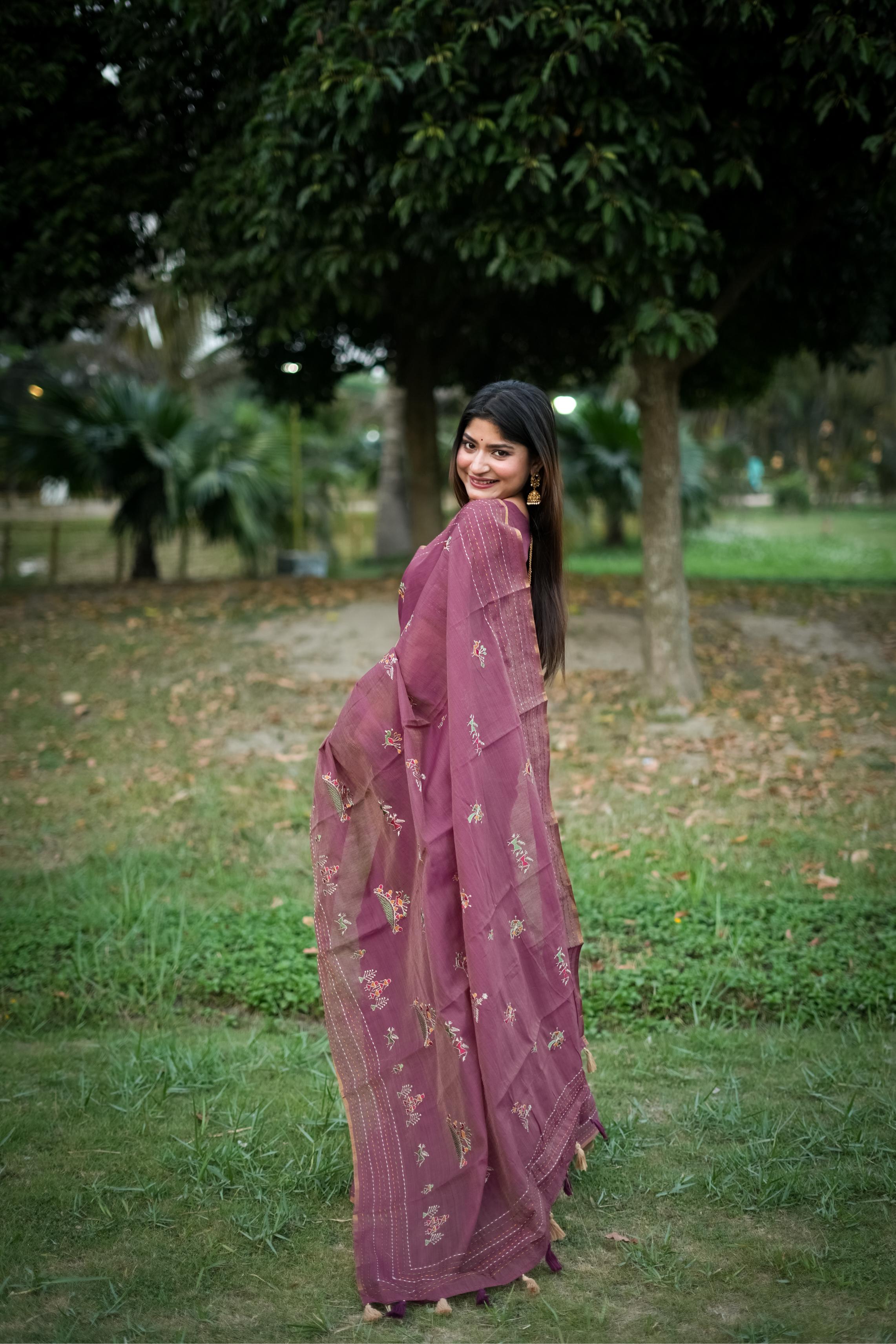 Jyoti Fashion Women's Wine Tussar Silk Traditional Thread Work Designer Saree with Blouse | Grocsy