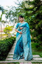 Jyoti Fashion Women's Sky Blue Handloom Raw Silk Weaving Designer Saree with Blouse | Grocsy