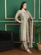 Jyoti Fashion Women's Olive Chinon Chiffon Floral Embroidery with Cording & Crystal Work Designer Straight Suit Set | Grocsy